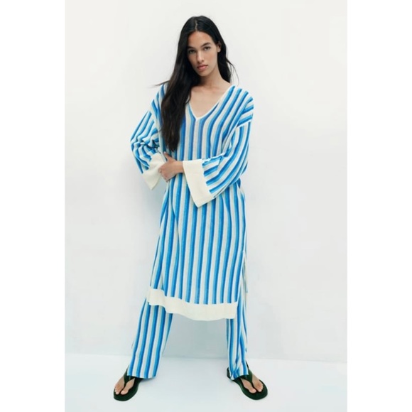 Women’s Blue and White Striped Linen Zara V-Neck Tunic Dress - Picture 6 of 14
